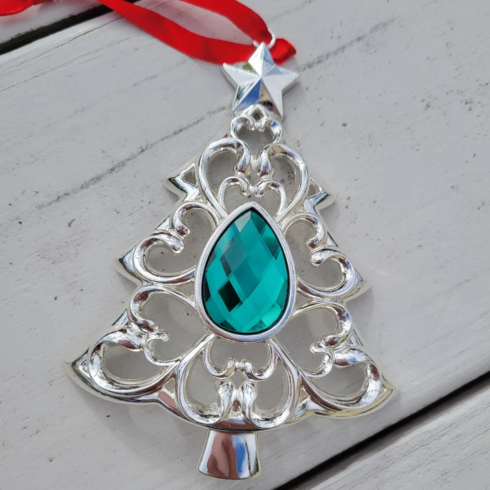 Lenox Silver-tone Christmas Tree Ornament ~ Teal Embellishment ~ GUC ~ Pretty!